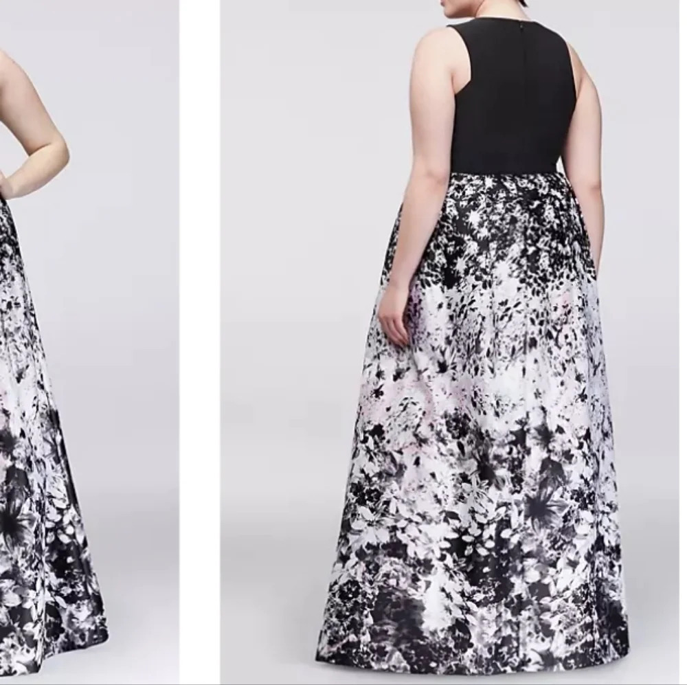 XSCAPE printed satin ball gown with illusion sides - Picture 2 of 14